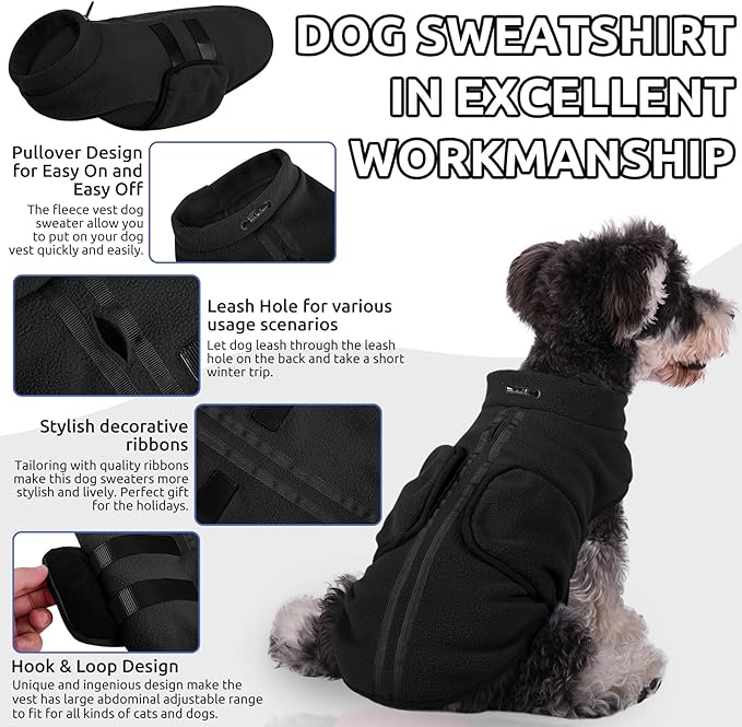 Queenmore Large Dog Sweaters, Soft Fleece Vest Pullover Pet Jacket with Leash Hole, Warm Winter Dog Clothes Cold Weather Doggy Dachshund Sweater for Large Dogs Cats Boy or Girl (Black, L)