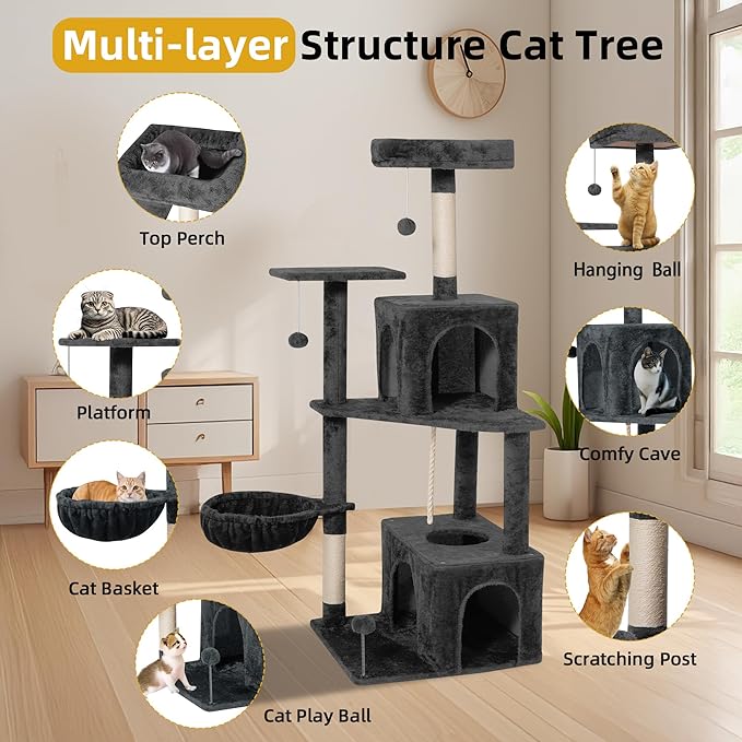 Cat Tree 54-Inch Cat Tower with Padded Plush Perch 2 Comfy Caves, Scratching Posts, Basket, 2 Pompoms, Multi-Level Plush Cat Condo for Indoor Cats Kittens, Dark Gray