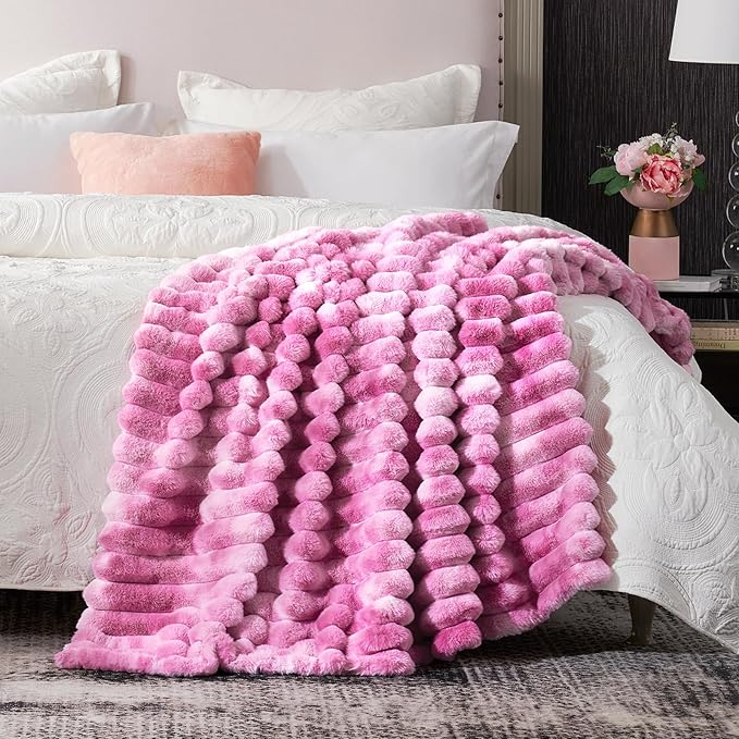 Cozy Bliss Faux Fur Throw Blanket for Couch, Cozy Warm Plush Striped Blanket for Sofa Bedroom Living Room, 50 * 60 Inches Tie-dye Pink