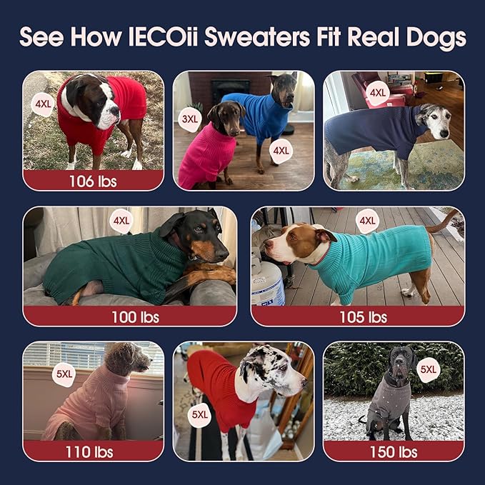 IECOii Extra Large Dog Sweater 4XL,Thermal Warm Dog Sweaters for Giant Breed Dogs,Turtleneck Knitted Knitwear for Pet Winter,Stretchy&Easy On Doggy Sweatshirt for Doberman,Great Dane(Purple,XXXXL)