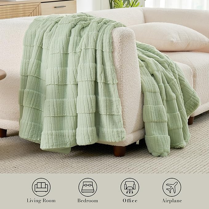 Amélie Home Luxury Striped Faux Fur Throw Blanket for Bed Queen Size, Soft Cozy Fuzzy Fluffy Plush Gift Blankets for Women, 88"x90", Sage Green