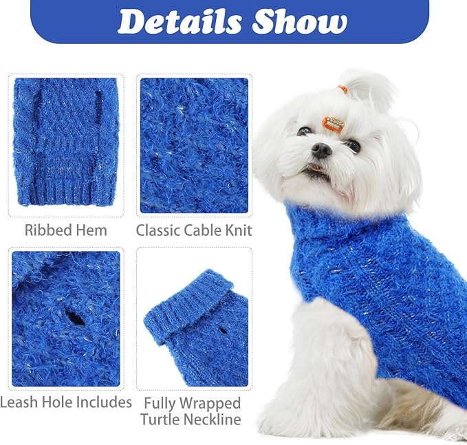 Turtleneck Small Dog Sweaters - Classic Cable Knitwear Winter Coat for Small Medium Dogs Male Female Puppy Dog Cold Weather Clothes Girls Boys, Blue, XS