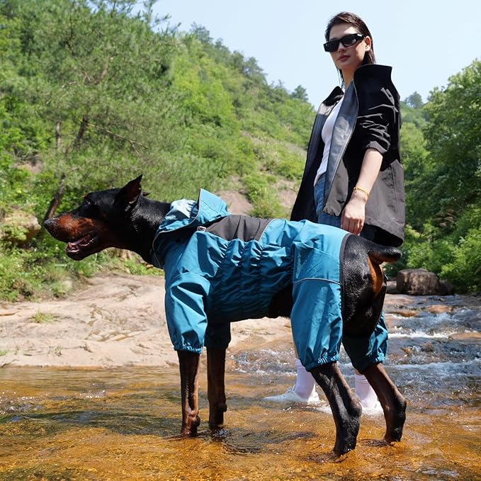LOVELONGLONG Waterproof Dog Raincoat with Removable Hood – Outdoor Full Body Dog Jacket, Windproof Snowproof Shell Suit – All Season Pet Rain Gear Ocean Teal 3XL
