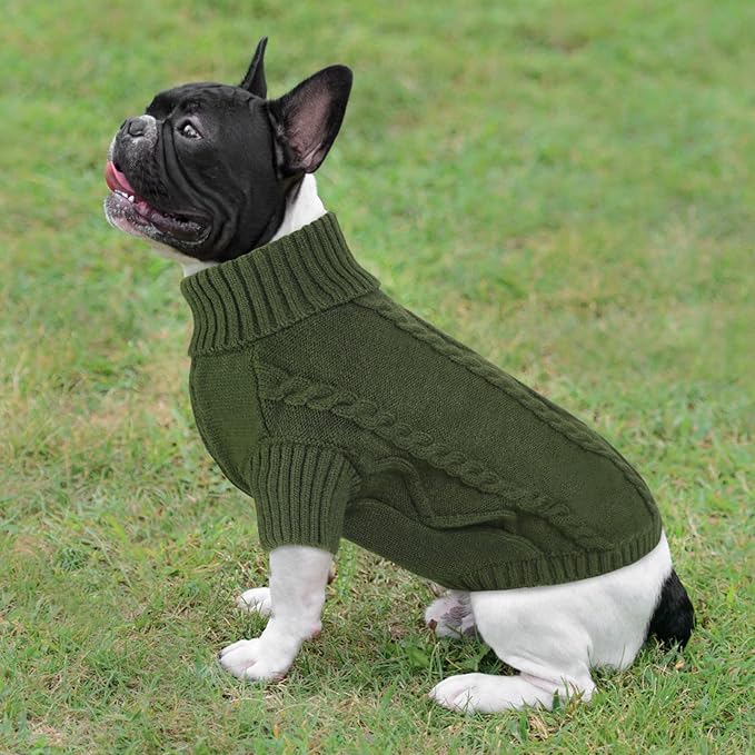 Queenmore Small Dog Pullover Sweater, Cold Weather Cable Knitwear, Classic Turtleneck Thick Warm Clothes for Chihuahua, Bulldog, Dachshund, Pug (Army Green, X-Small)