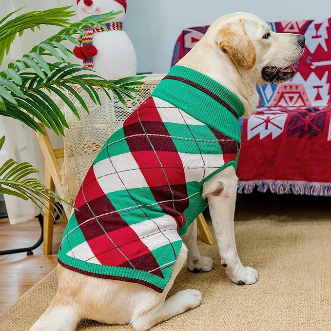 KOOLTAIL Dog Christmas Sweater Pet Knitted Clothes - Classic Plaid Pull Over Turtleneck Dog Sweaters with Leash Hole Warm Dogs Winter Clothing for Small Medium Dogs Cats Puppy (Green & Red M)