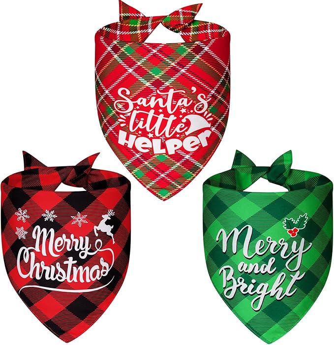 Christmas Dog Bandanas Plaid XLarge 3PCS, 6 Pattern Holiday Scarf for Boy and Girl, Triangle Reversible Bibs Breed for Puppy Pets