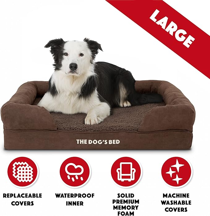 The Dog’s Bed, Large Brown Plush, Memory Foam, Pain Relief: Arthritis, Hip & Elbow Dysplasia, Post Surgery, Lameness, Supportive, Calming, Waterproof Washable Cover