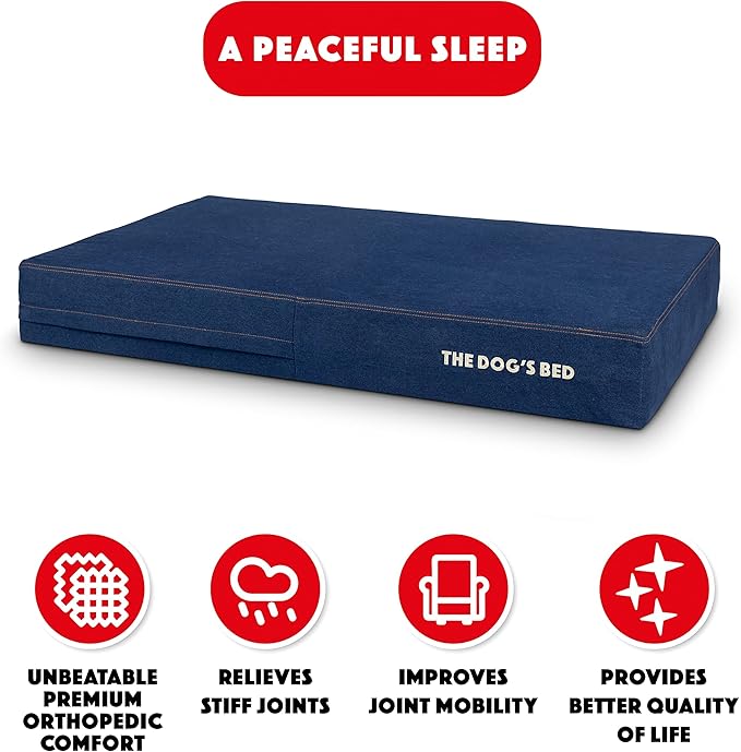 The Dog’s Bed Orthopedic Memory Foam Dog Bed, XL Blue Denim, Pain Relief for Arthritis, Hip & Elbow Dysplasia, Post Surgery, Lameness, Supportive, Calming, Waterproof Washable Cover
