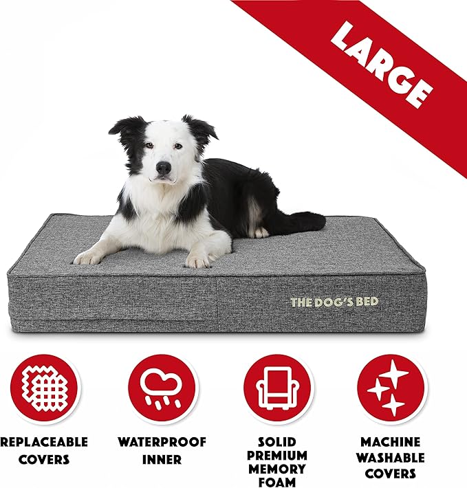 The Dog’s Bed Orthopedic Memory Foam Dog Bed, Large Grey Linen, Pain Relief for Arthritis, Hip & Elbow Dysplasia, Post Surgery, Lameness, Supportive, Calming, Waterproof Washable Cover