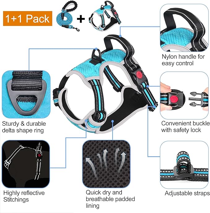No Pull Harness with A Free Heavy Duty 5ft Leash for Medium Large Dog Adjustable Reflective Oxford Easy Control (L (Neck: 18"-25.5", Chest: 25.5"-31"), Blue/Grey Harness+Leash)