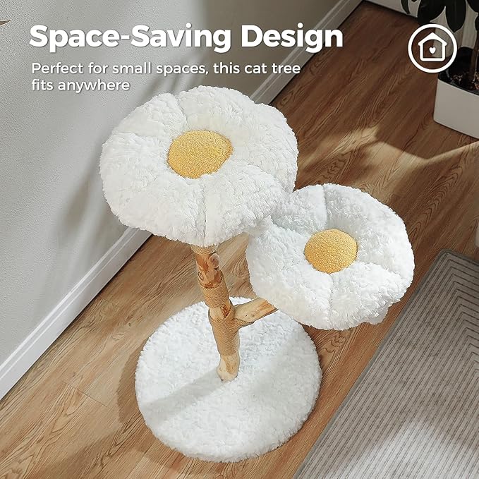 Wood Flower Cat Tree, Modern Cat Tower with Real Wood Branches, Luxury Boho Furniture with Scratching Post and 2 Perches, Cat Climbing Tower for Indoor Cats, Cloud White