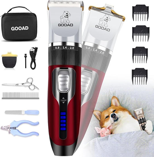 Dog Clippers Grooming Kit and Paw Trimmer,Cordless,Low Noise, Electric Quiet,Rechargeable, Dog Trimmer Grooming, Pet Hair Clippers for Thick Coats,Shaver for Small and Large Dogs Cats(Red)