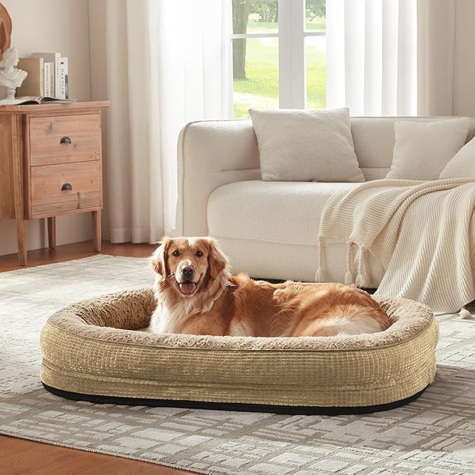 JOEJOY Orthopedic Dog Bed for Extra Large Dogs, Egg-Crate Memory Foam Pet Bed with Bolster Sides, Waterproof Lining, Removable Washable Cover & Non-Slip Bottom, Light Brown