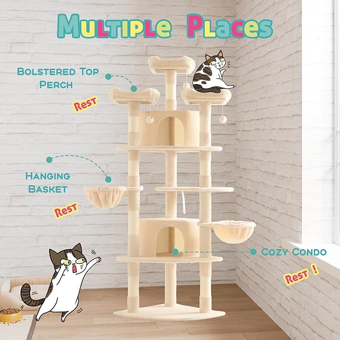 SHA CERLIN 73in Fan-Shaped Corner Cat Tower for Save Space/Multi-Level Tall Cat Tree for Indoor Kitties/Condo with Baskets/Cozy Perches/Sisal Scratching Posts/Pet Activity House/Beige