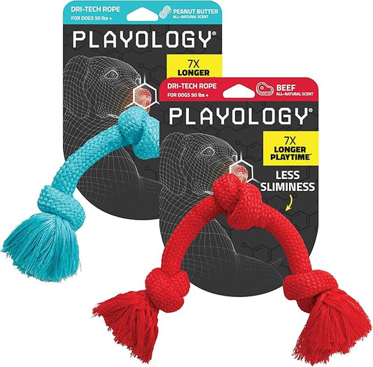 Playology Dog Toys | Dri-Tech Rope Toy Tug of War Rope for Aggressive Chewers (Value 2-Pack) | Medium Peanut Butter/Beef Scented Toys - Easy to Clean and Made from Non Toxic Materials