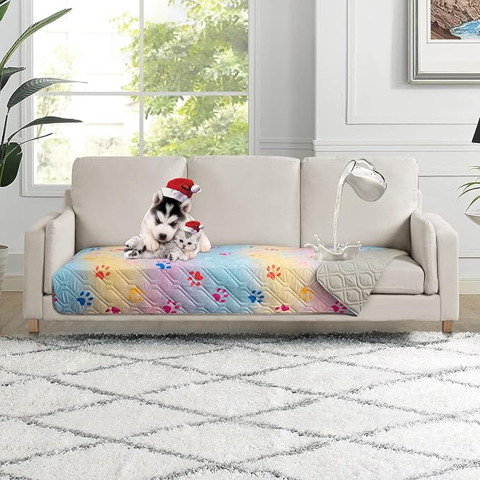 Waterproof Dog Bed Cover 30x70 inch Reversible Pad Reusable Camping Mat for Kids/Pet/Dog/Cat Washable Geometric Embroidery Blanket Patchwork Rainbow Dog Paw Printed+Gray