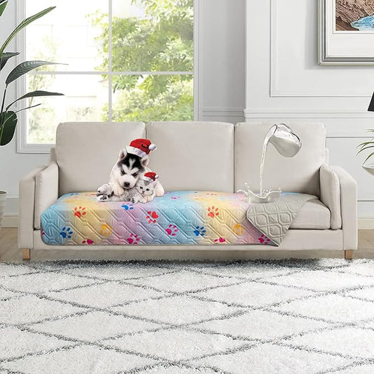 Waterproof Dog Bed Cover 30x70 inch Reversible Pad Reusable Camping Mat for Kids/Pet/Dog/Cat Washable Geometric Embroidery Blanket Patchwork Rainbow Dog Paw Printed+Gray