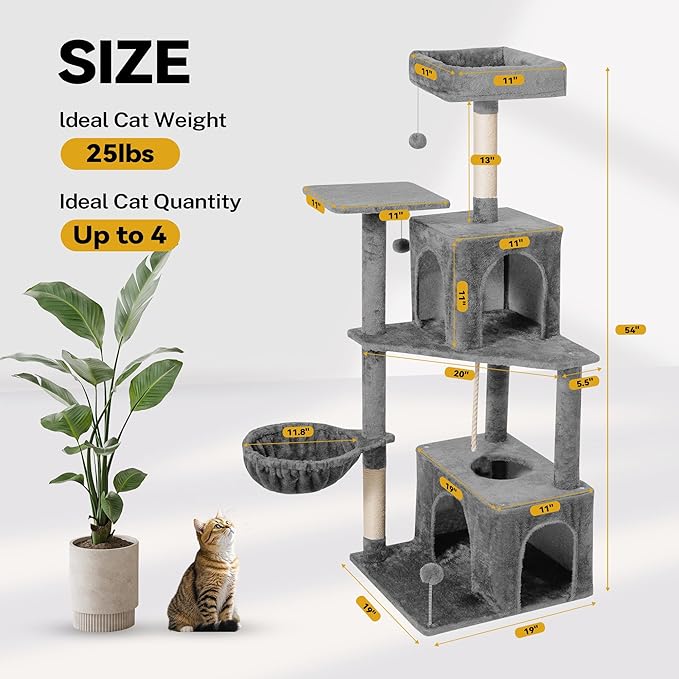 Cat Tree 54-Inch Cat Tower with Padded Plush Perch 2 Comfy Caves, Scratching Posts, Basket, 2 Pompoms, Multi-Level Plush Cat Condo for Indoor Cats Kittens, Gray