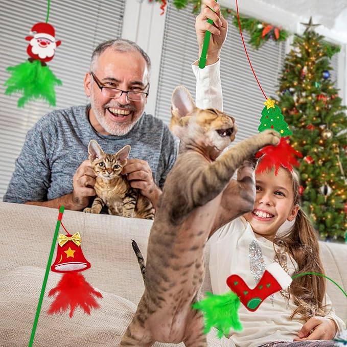 Christmas Cat Toys，4 Pack Cat Wand Toys for Indoor Cats Gifts with Catnip and Feathers, Wand for Cats and Kitten
