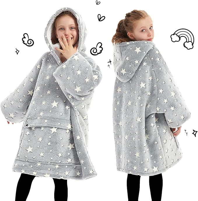 KFUBUO Wearable Blanket Hoodie for Kids Sherpa Patterns Oversized Sweatshirt Blanket With Pocket 6-10 Year Old Girl Boy Gifts Glow in The Dark Stars