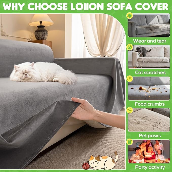 Cat Scratch Furniture Protector - Ultra Soft, Waterproof Sofa Cover to Keep Cats Off, Pet-Friendly Couch Protectors for Love Seat, Anti-Slip Couch Cover for Pets and Kids 134"X71" Grey