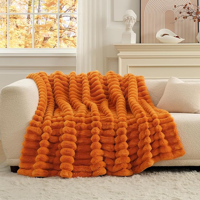 Cozy Bliss Faux Fur Throw Blanket for Couch, Cozy Warm Plush Striped Blanket for Sofa Bedroom Living Room, 50 * 60 Inches Burnt Orange