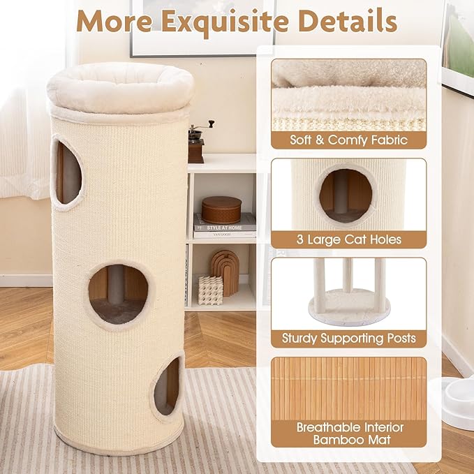 Tangkula 4 Story Cat Tree Condo, 49” Barrel-Shaped Cat House with Detachable Sisal Scratching Board, 3 Hideaways & Removable Soft Top Plush Bed, Interior Bamboo Mat, Modern Cat Tower for Indoor Cats