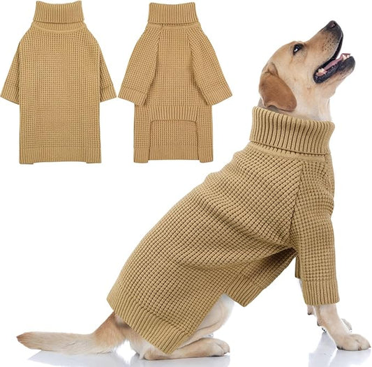 Queenmore Large Dog Sweater, Long Sleeve Knitted Dog Sweater with Check Pattern, Fall Winter Warm Pet Sweaters, Solid Pull-on Pet Sweater for Cats, Brown L