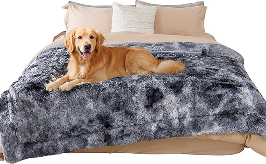 Luciphia Large Waterproof Dog Blanket Pet Washable Liquid Proof Furniture Protector Extra Large Calming Long Faux Fur Bed Cover for Couch Cat Blankets Reversible Protection, Tie-dye Grey, 60" x 80"