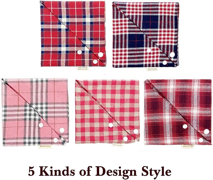 Savier 5PCS Dog Bandanas with Button - Fall Thick Triangle Bibs Dual Layer Soft Cotton Scarves for Small Medium Girl Puppy Cat Pet Baby Square Plaid Printing Washable Kerchief Halloween Outfits Pink