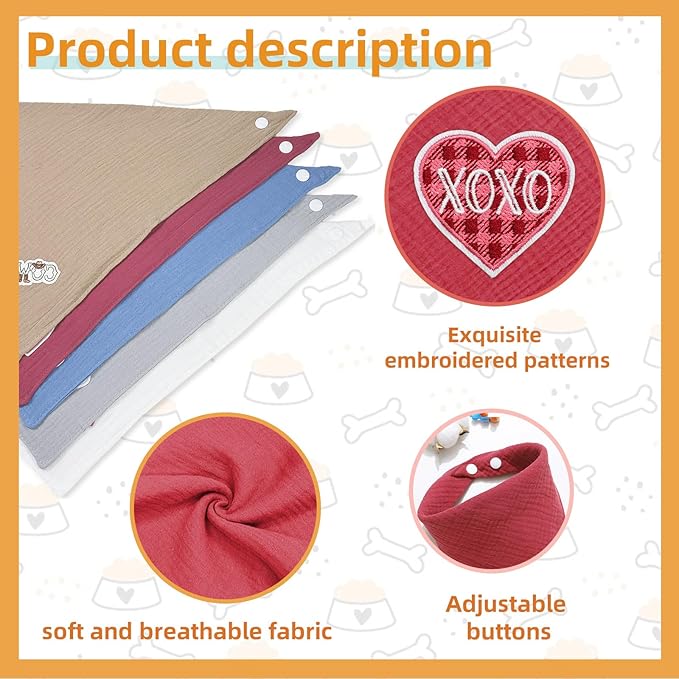 Adjustable Cotton Bandana - Heart Solid Color Embroidered Scarf for Large Dogs with Button Fastening,Wine Red,Large