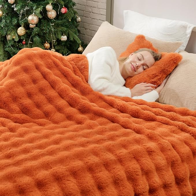 Cozy Bliss Faux Fur Throw Blanket for Couch, Bubble Plush Blanket King Size, Fuzzy Soft & Thick Blanket for Fall Bed Sofa Living Room, 108x90 Inches Halloween Burnt Orange