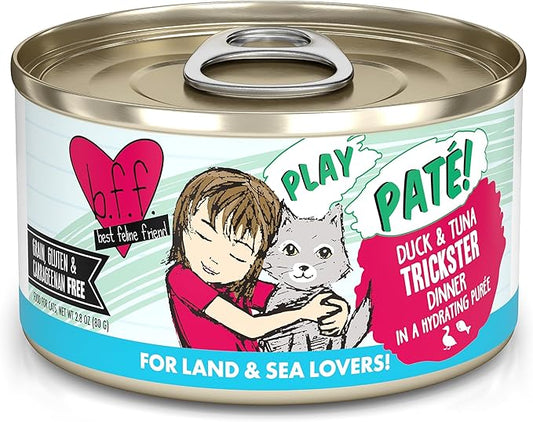 B.F.F. Play - Best Feline Friend Paté Lovers, Aw Yeah!, Duck & Tuna Trickster with Duck & Tuna, 2.8oz Can (Pack of 12)