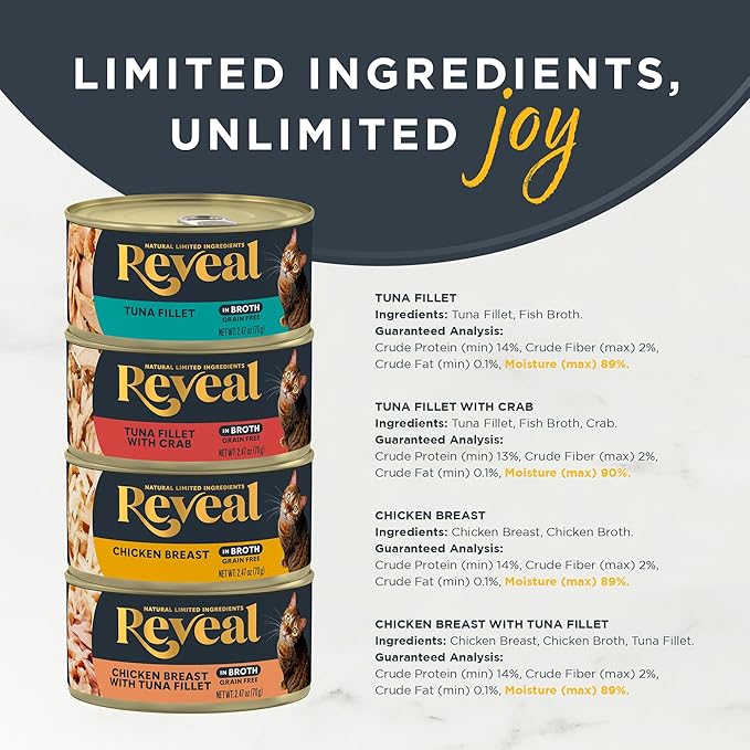 Reveal Natural Wet Canned Cat Food, Limited Ingredient, Grain Free, High Protein with No Artificial Additives, Fish and Chicken Variety in Broth (20 x 2.47 oz Cans)