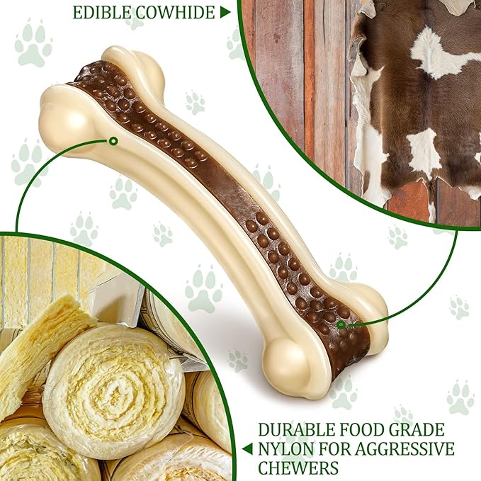 Sosation Bones Shaped Dog Toys for Aggressive Chewers, 2 Pack Dog Chew Toys Puppy Teething Nylon Beef Flavor for Large/Medium/Small Puppies Breeds(Curved Bone,Large)