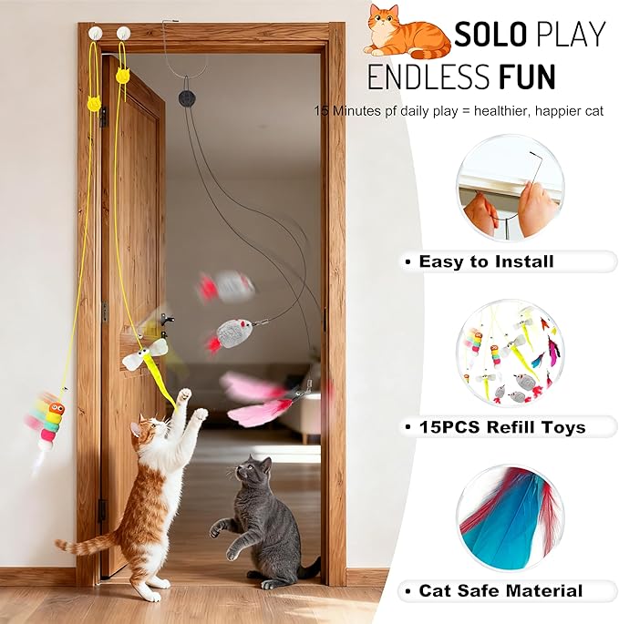 Interactive Hanging Cat Toy for Indoor Cats, 16PCS Door Cat Toys Set with Feathers, Chirping Mice Retractable Teaser Toys for Kitten Play Chase Exercise