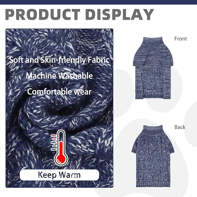 KOOLTAIL Dog Sweater for Large Medium Small Dogs, Fall Dog Sweaters, Turtleneck Cable Knitwear Pet Cold Weather Coats with Leash Hole, Warm Winter Pullover Clothes for Bulldog, Yorkie,Boy Girl, Navy M