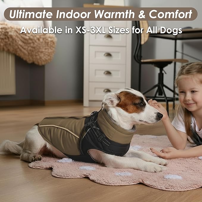 ASENKU Reflective Dog Coat with Built-in Harness, Windproof Fleece-Lined Dog Jacket for Small, Medium, Large Dogs, Warm Winter Vest with Turtleneck & Zipper (Khaki 3XL)