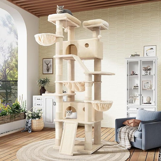 SHA CERLIN 81in Multi-Level Tall Cat Tree Tower for Indoor Kitties/Larger Cat Condo Furniture with Hammock/Cozy Pussycat Perches/Sisal Scratching Posts/Pet House/Wide Base/Beige