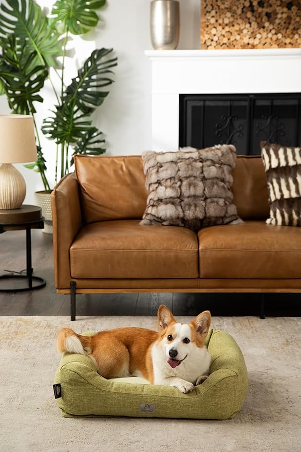 Furry's Paradise Cuddler Waterproof Bolster Pet Bed with Recycled Fibers and Non-Slip Bottom. (Olive Green, Medium)