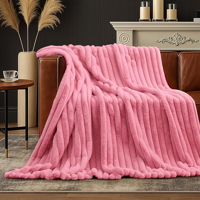 Amélie Home Faux Fur Throw Blanket for Couch, Cozy Fuzzy Fluffy Fur Luxurious Soft Striped Plush Gift Blankets for Family Sofa Chair Bedroom, 55"x70", Pink