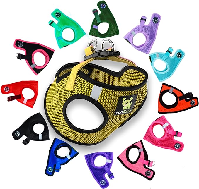 EcoBark Step in Dog Harness - Eco-Friendly Teacup Dog Harnesses for XXS, XS, and Small Dogs - Reflective and Adjustable Mini Body Halter Vest -Tiny Soft Mesh Toy Breed Harness (Yellow, XXS)