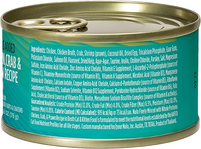 Nulo Grain-Free Minced with Whole Proteins Wet Canned Cat and Kitten Food, Chicken, Crab, and Prawn in Broth, 2.8 Ounce, 12 Cans