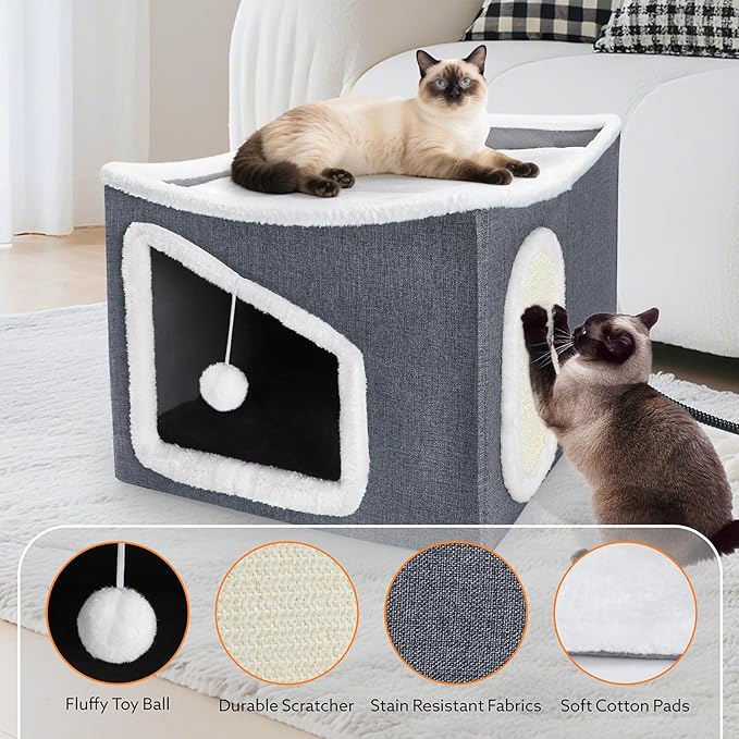 Heated Cat House for Indoor, Large Cat Bed with Heating Pad, Adjustable Temperature & Timing, with Fluffy Ball Hanging and Scratch Pad, Foldable Pet Hideaway for Small Medium and Large Cats（XL）