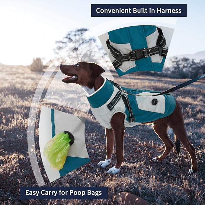 IECOii Dog Coat for Large Dogs Waterproof Dog Winter Jacket with Harness Built in, Turquoise Green - XXLarge, Thermal Warm Fleece Lined, Reflective Dogs Jackets for Cold Weather Hiking, Pitbull