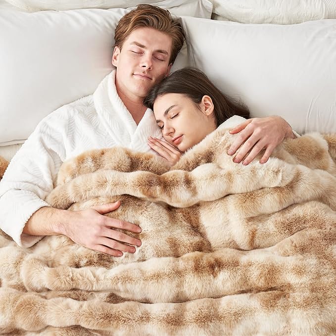 Cozy Bliss Faux Fur Throw Blanket for Couch, Fuzzy Soft Plush Thick Bubble Blanket for Sofa Bedroom Living Room, 50 * 60 Inches Tie-dye Beige