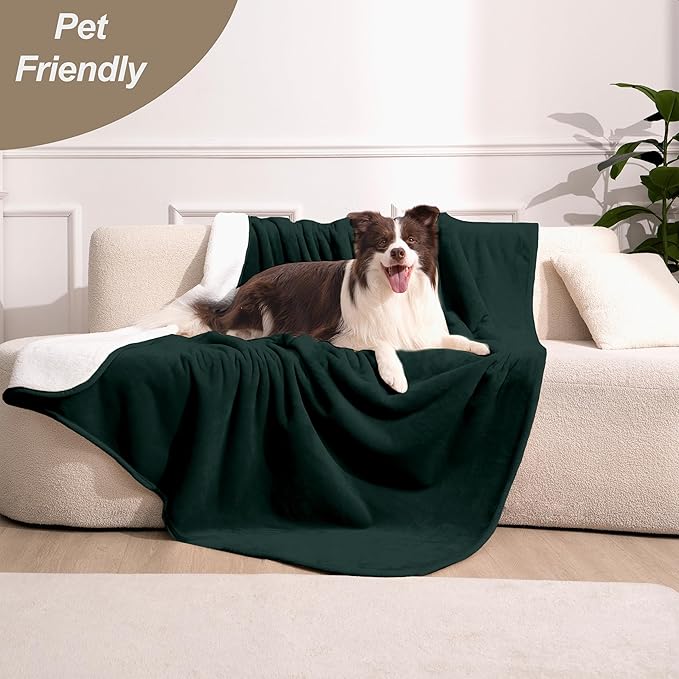 gogobunny Waterproof Bed Blanket, Reversible Sherpa Fleece Throw Blanket for Dog Puppy Cat, Furniture Cover Protects Bed Couch Sofa from Liquid Pee and Pet Fur (Forest Green, 30x70 inches)