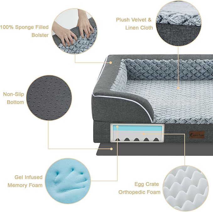 Orthopedic XL Dog Beds, Waterproof Memory Foam Big Pet Bed for Extra Large Sized Dogs 45x35Inch, Non-Slip Bottom and Egg-Crate Foam Dog Couch Bed with Washable Removable Cover, Dark Grey