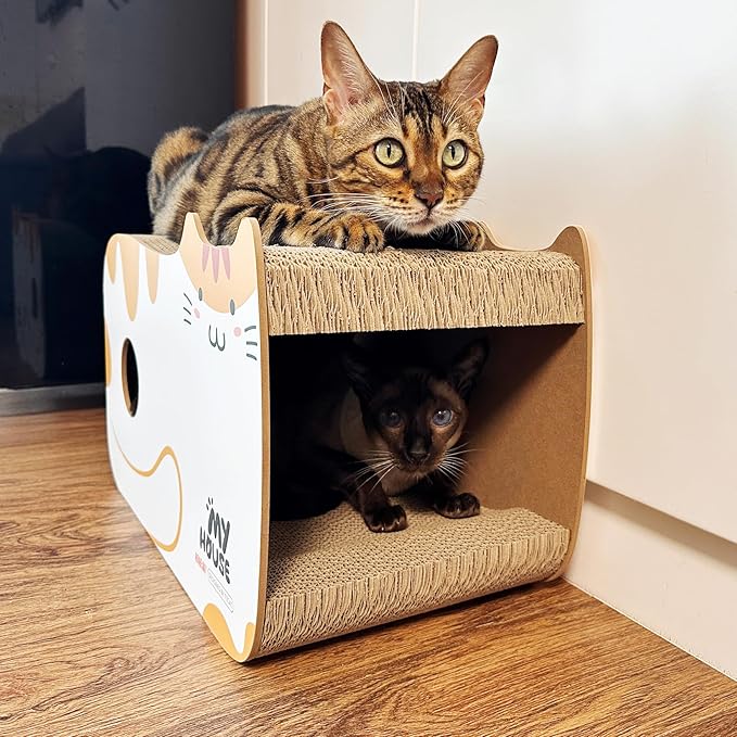 TTCAT Cute Kawaii Cat House Cat Scratching Pad Corrugated Cardboard Cat Scratcher Lounge, Durable Cat Scratching Board with Catnip for Furniture Protection.Black+White