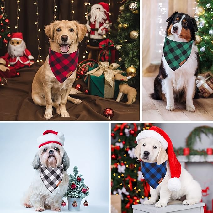 ADOGGYGO 4 Pack Dog Bandana Christmas Classic Plaid Bandana Scarf, Multiple Sizes Offered, Blue White Green Red Plaid Bandana for Small Dogs (Small)